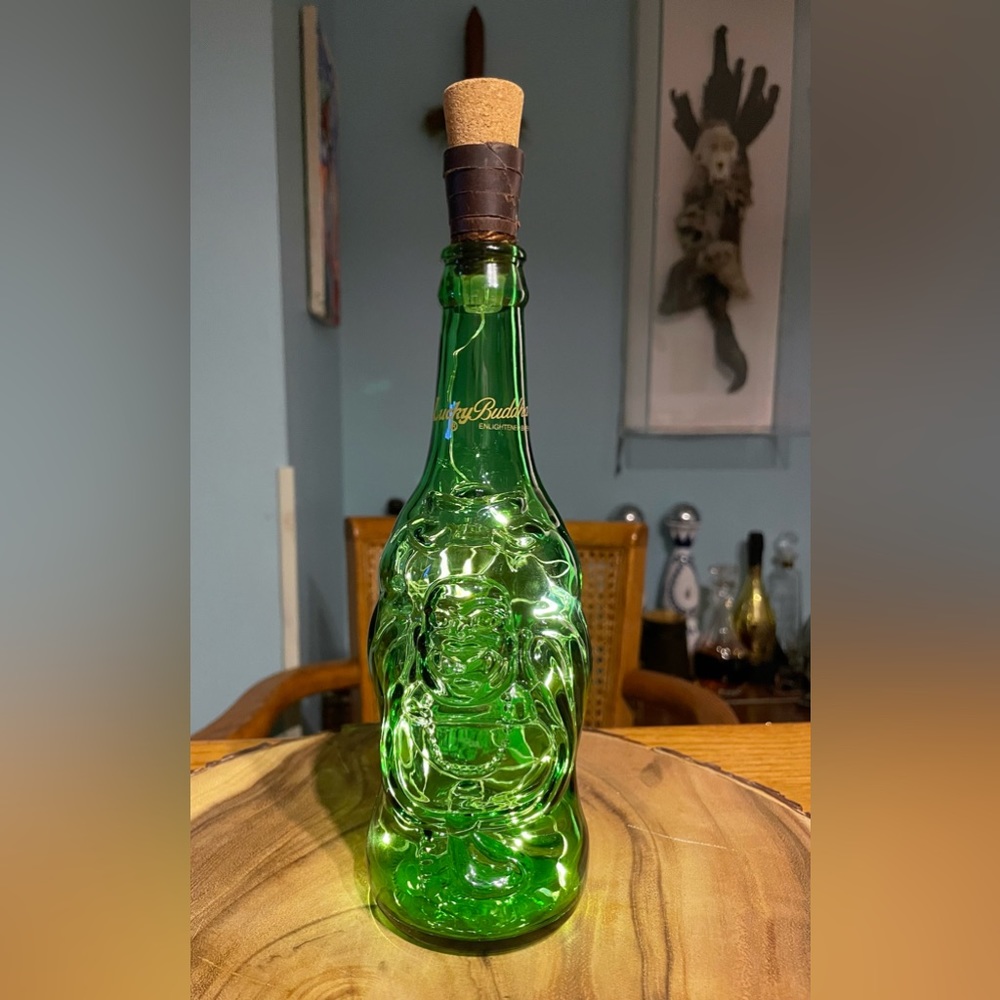 LUCKY BUDDHA BEER BOTTLE LAMP Recharge Portable Decor Occasion Glass Leather